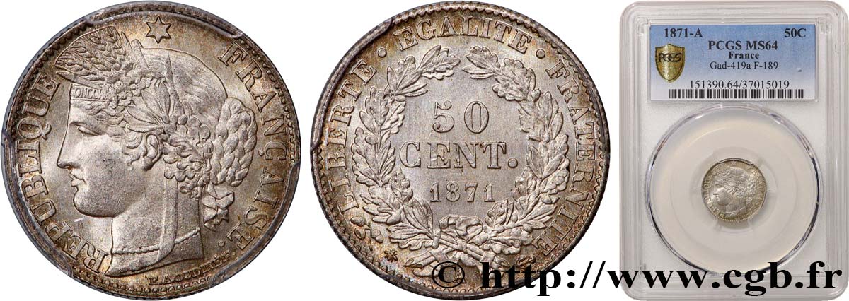 50 centimes Cérès, IIIe République 1871 Paris F.189/1 fST64 PCGS