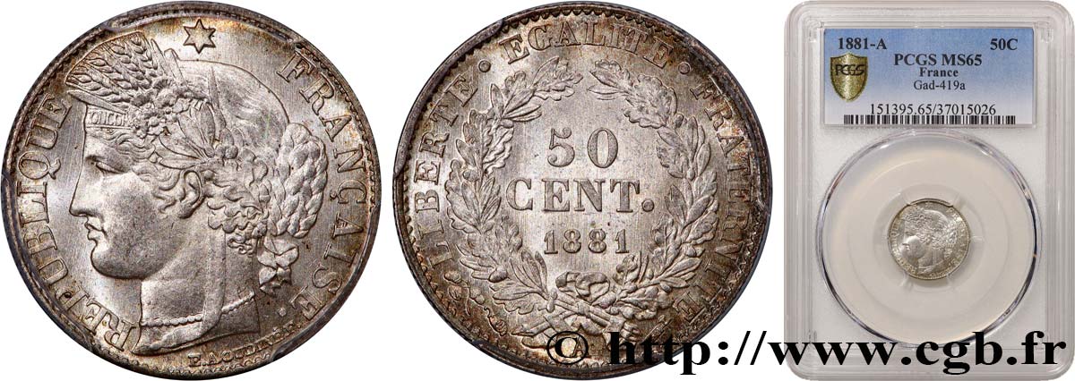 50 centimes Cérès, Troisième République 1881 Paris F.189/9 MS65 PCGS