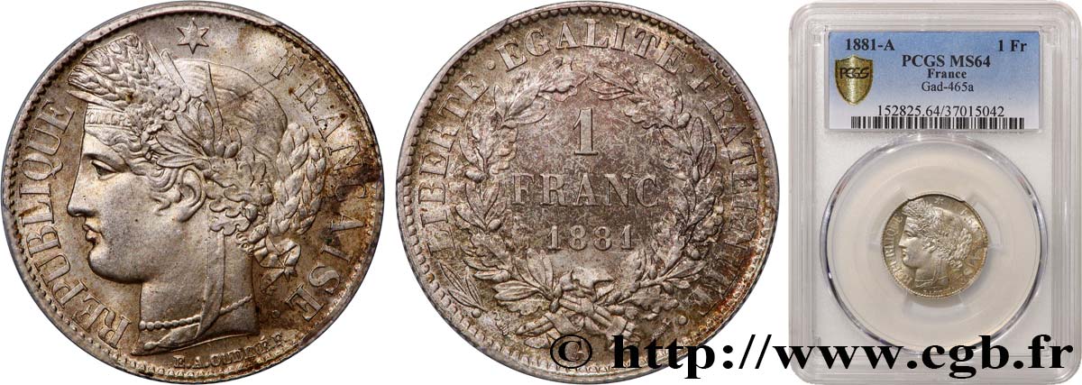 1 franc Cérès, Troisième République 1881 Paris F.216/8 MS64 PCGS