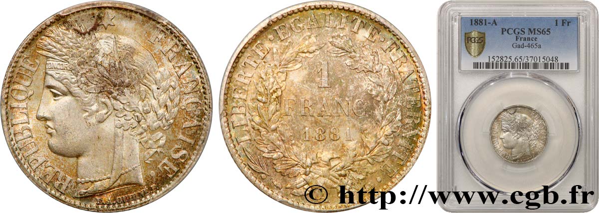 1 franc Cérès, Troisième République 1881 Paris F.216/8 FDC65 PCGS