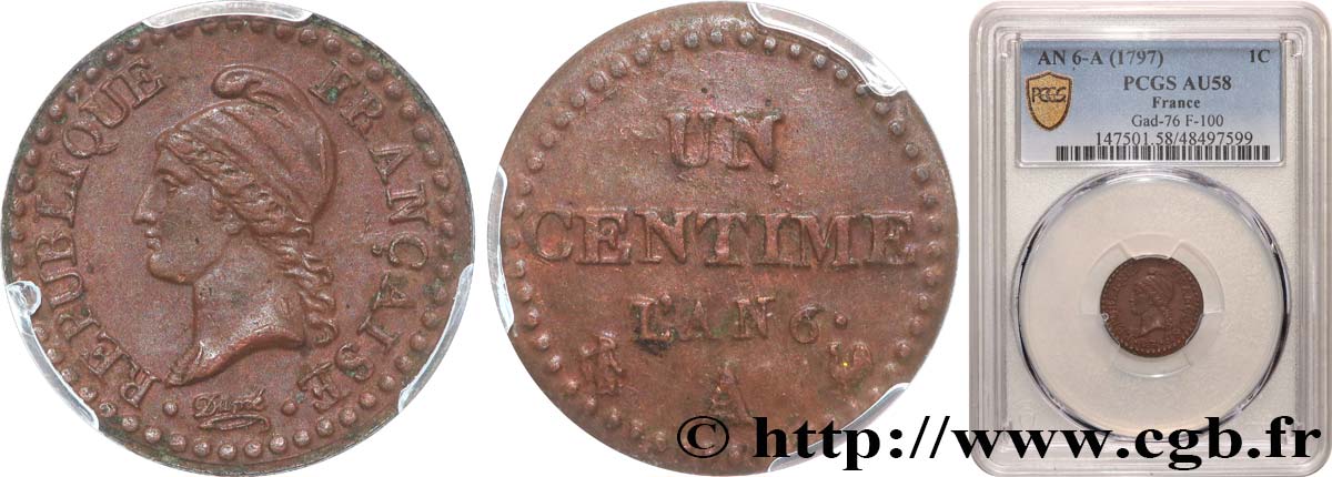 Un centime Dupré, 6 normal 1798 Paris F.100/3 EBC58 PCGS