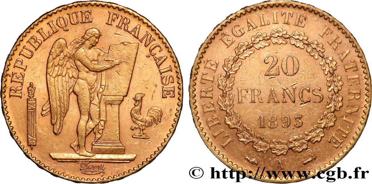 20 francs or Génie, Troisième République 1893 Paris F.533/17 q.SPL 