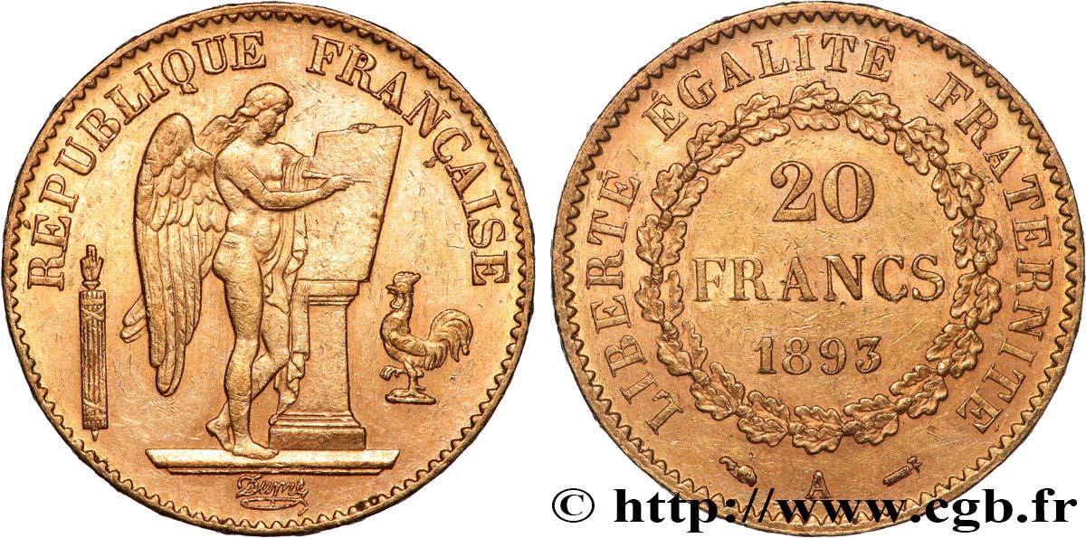 20 francs or Génie, Troisième République 1893 Paris F.533/17 fVZ 