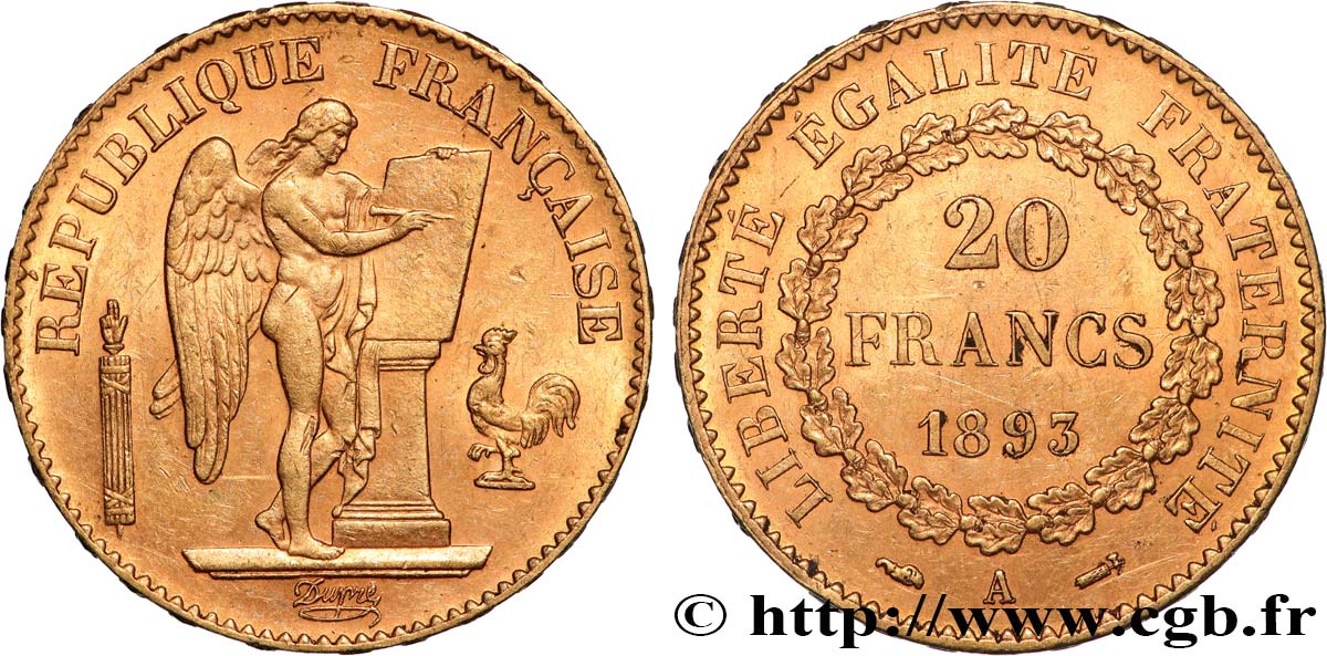 20 francs or Génie, Troisième République 1893 Paris F.533/17 MBC+ 