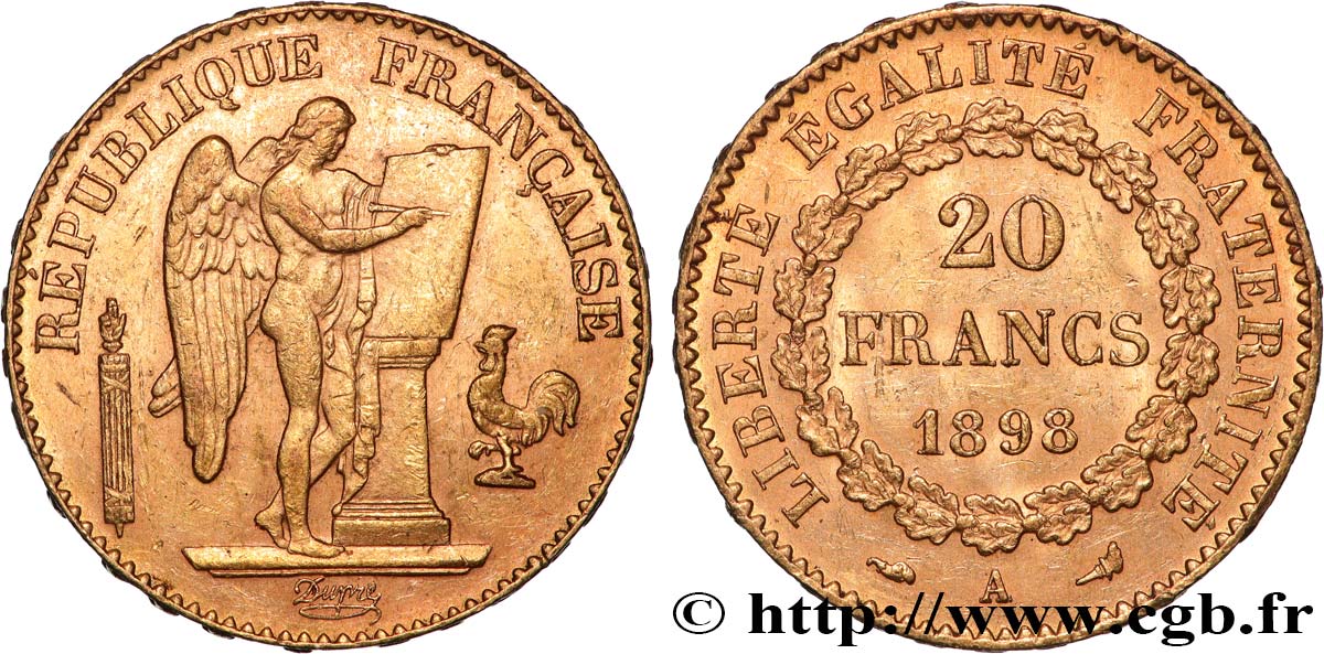 20 francs or Génie, Troisième République 1898 Paris F.533/23 MBC+ 