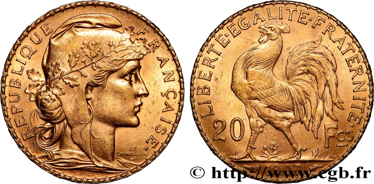 20 francs or Coq, Liberté Égalité Fraternité 1907 Paris F.535/1 SPL 