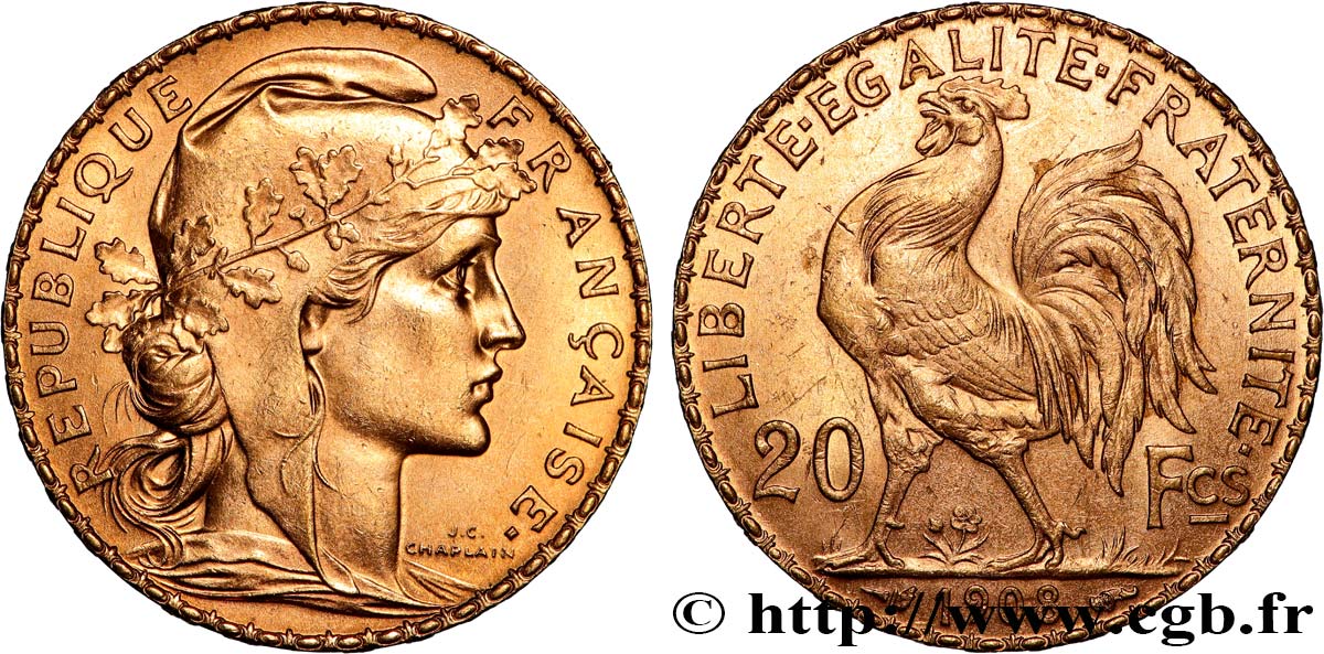20 francs or Coq, Liberté Égalité Fraternité 1908 Paris F.535/2 SPL+ 