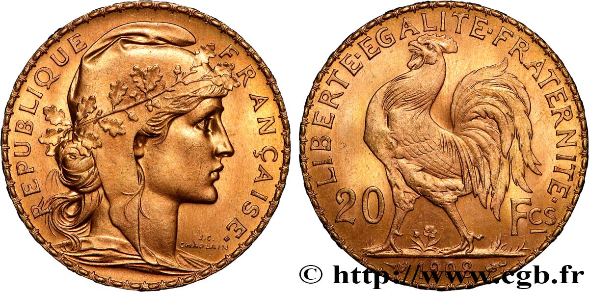 20 francs or Coq, Liberté Égalité Fraternité 1908 Paris F.535/2 EBC+ 