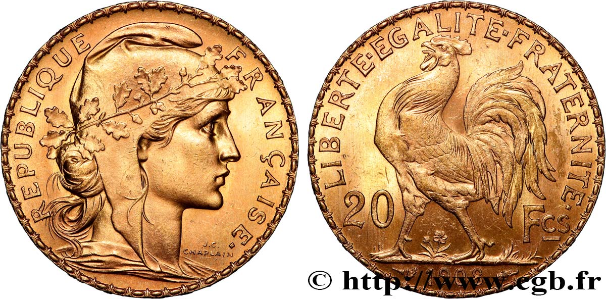 20 francs or Coq, Liberté Égalité Fraternité 1908 Paris F.535/2 fST 