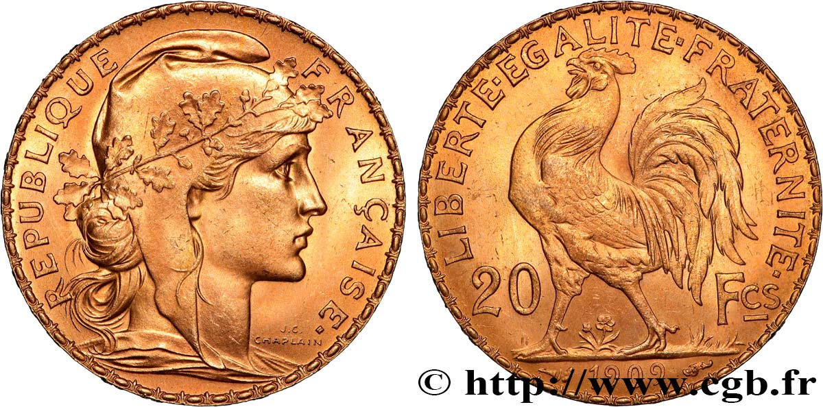 20 francs or Coq, Liberté Égalité Fraternité 1909 Paris F.535/3 MS 