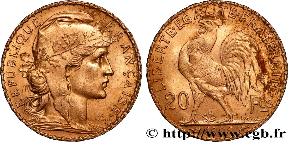 20 francs or Coq, Liberté Égalité Fraternité 1909 Paris F.535/3 AU 