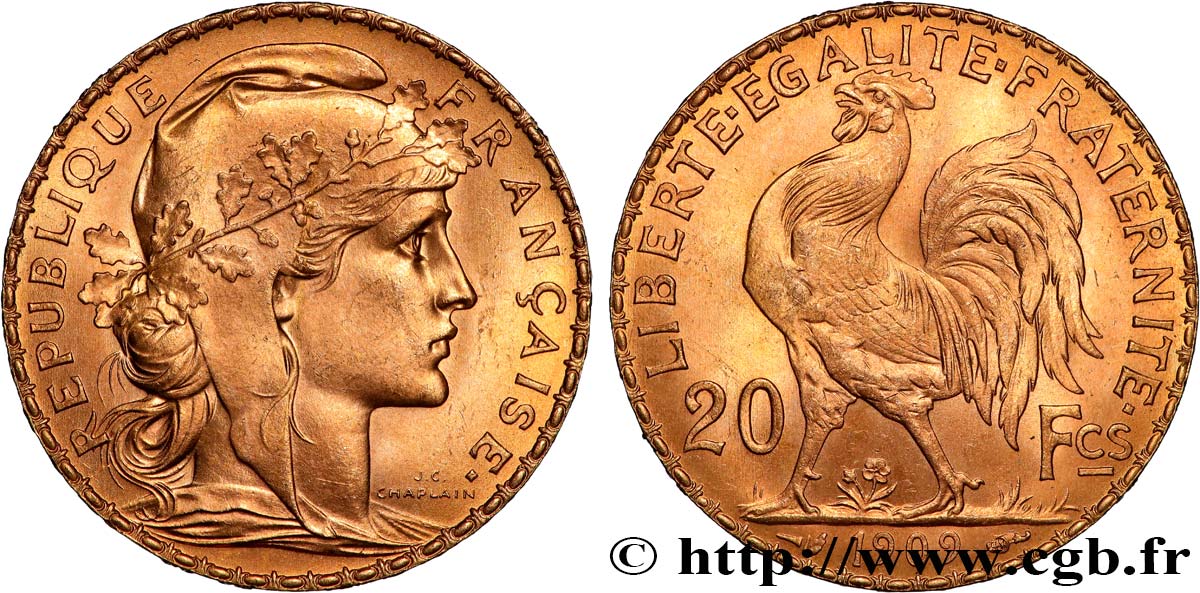 20 francs or Coq, Liberté Égalité Fraternité 1909 Paris F.535/3 EBC+ 