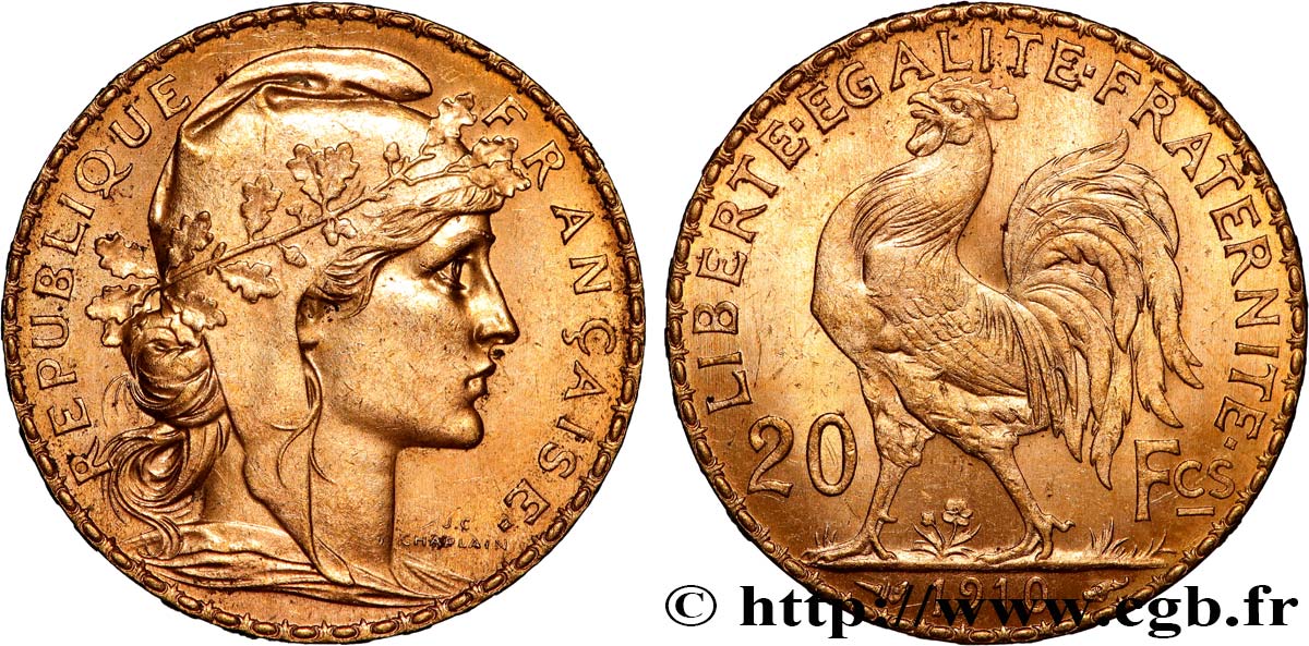 20 francs or Coq, Liberté Égalité Fraternité 1910 Paris F.535/4 AU 