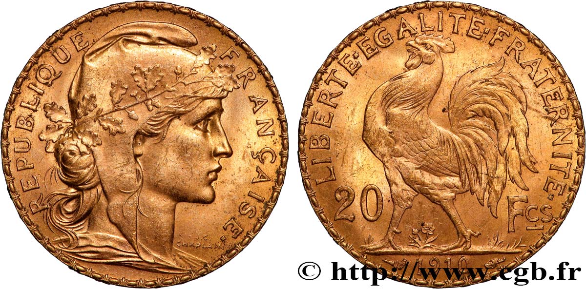20 francs or Coq, Liberté Égalité Fraternité 1910 Paris F.535/4 SPL 