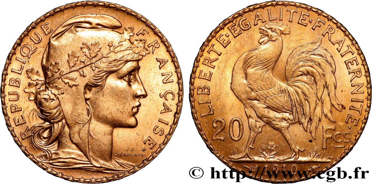20 francs or Coq, Liberté Égalité Fraternité 1910 Paris F.535/4 AU 