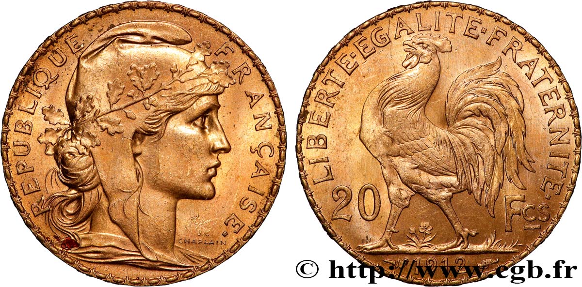 20 francs or Coq, Liberté Égalité Fraternité 1912 Paris F.535/6 VZ 