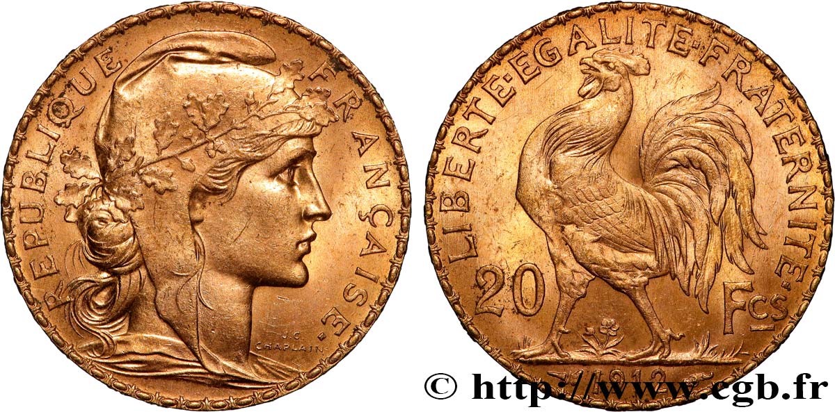 20 francs or Coq, Liberté Égalité Fraternité 1912 Paris F.535/6 EBC 
