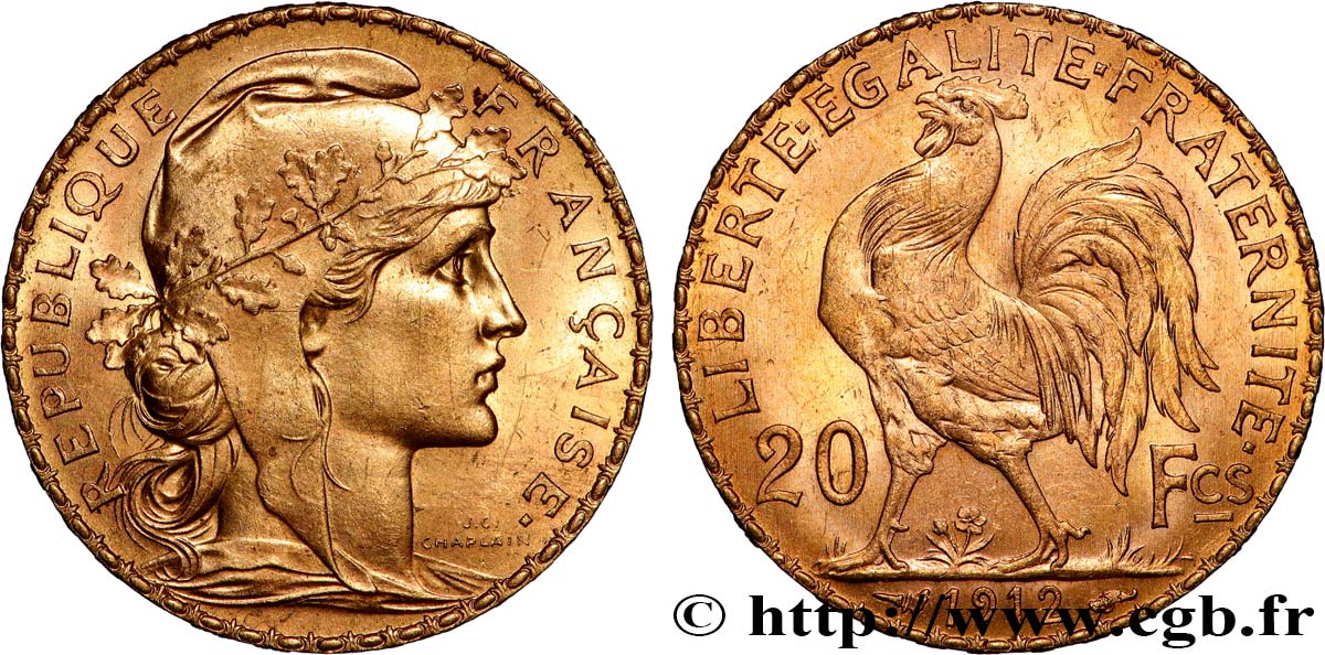 20 francs or Coq, Liberté Égalité Fraternité 1912 Paris F.535/6 MS 
