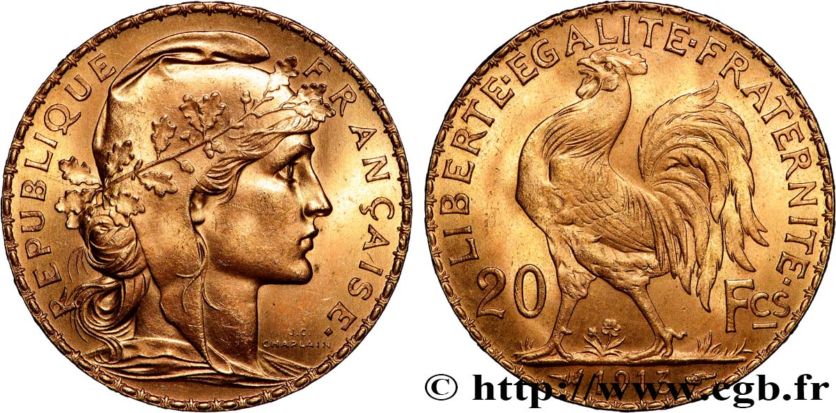 20 francs or Coq, Liberté Égalité Fraternité 1913 Paris F.535/7 SPL 