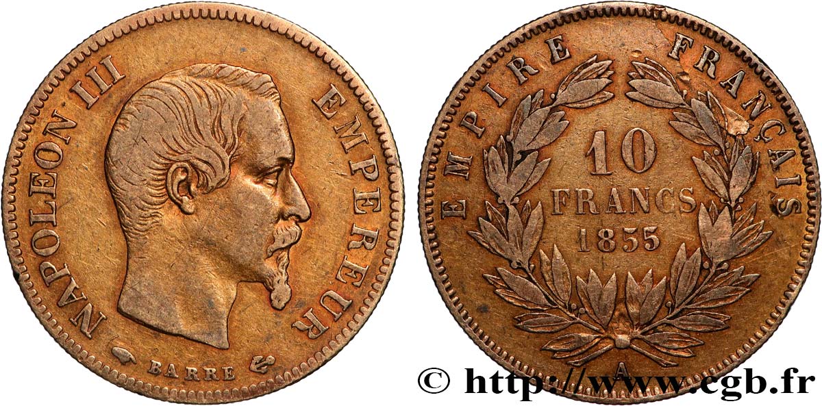 10 francs or Napoléon III, tête nue, grand module 1855 Paris F.506/1 BC 