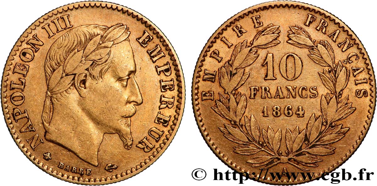 10 francs or Napoléon III, tête laurée, type définitif à grand 10 1864 Paris F.507A/6 TTB 