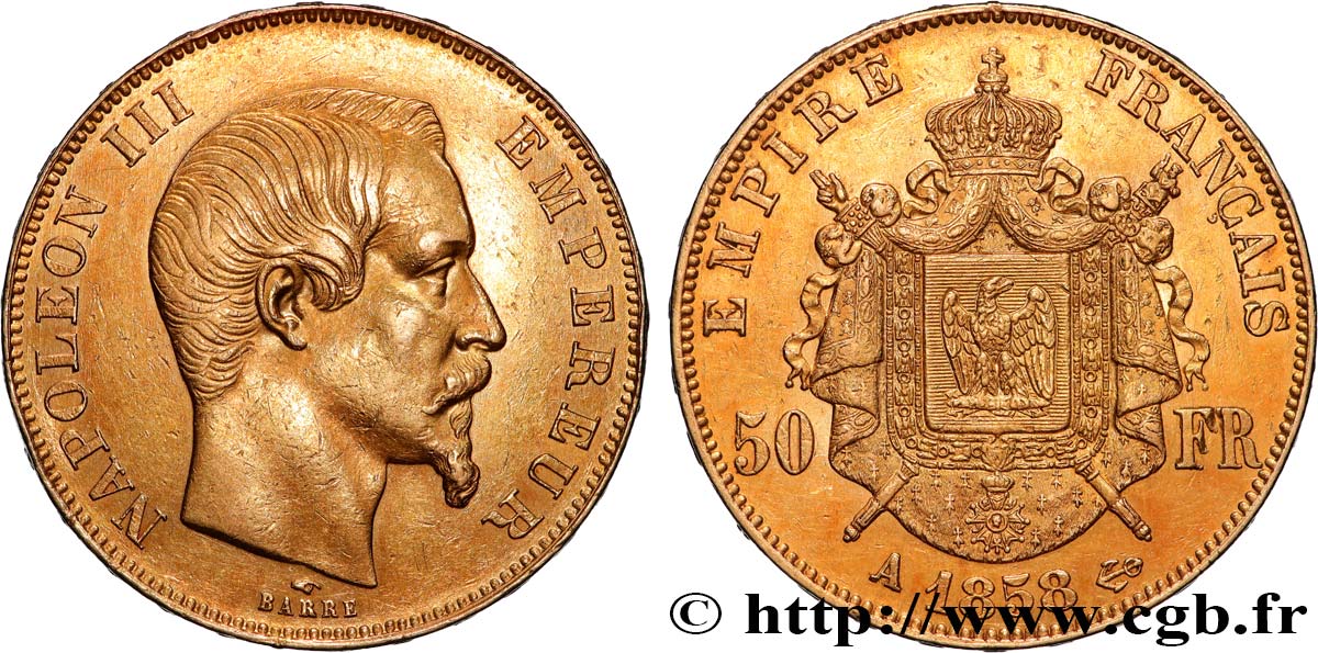 50 francs or Napoléon III, tête nue 1858 Paris F.547/5 TTB+ 