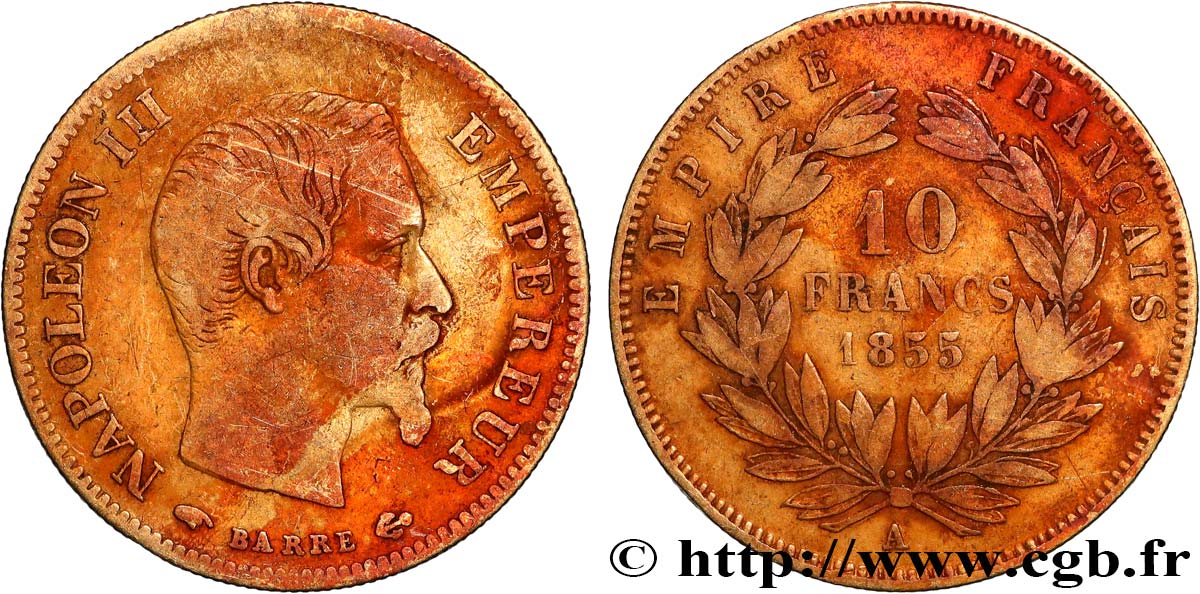 10 francs or Napoléon III, tête nue, grand module 1855 Paris F.506/1 TB 