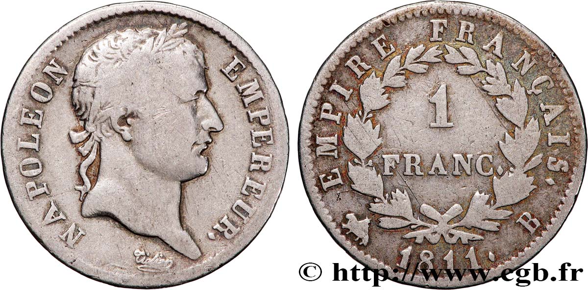 1 franc Napoléon Ier tête laurée, Empire français 1811 Rouen F.205/29 TB 
