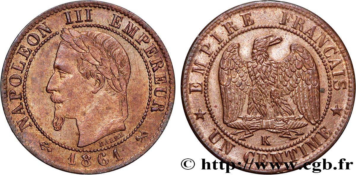 Un centime Napoléon III, tête laurée 1861 Bordeaux F.103/3 TTB45 