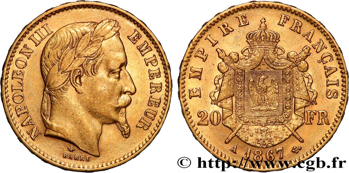 20 francs or Napoléon III, tête laurée 1867 Paris F.532/15 TTB+ 