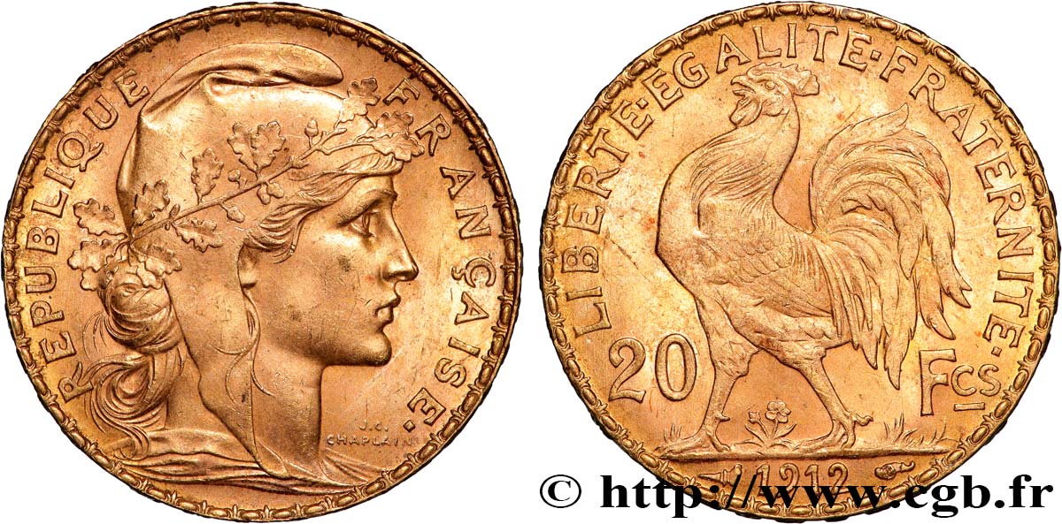 20 francs or Coq, Liberté Égalité Fraternité 1912 Paris F.535/6 AU 