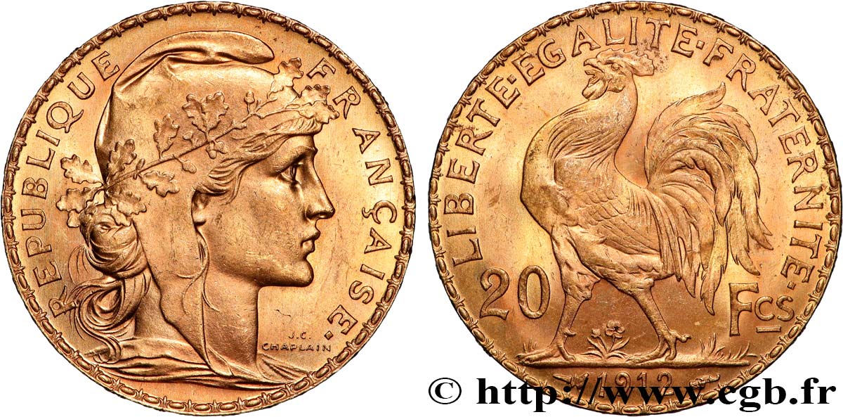 20 francs or Coq, Liberté Égalité Fraternité 1912 Paris F.535/6 MS 
