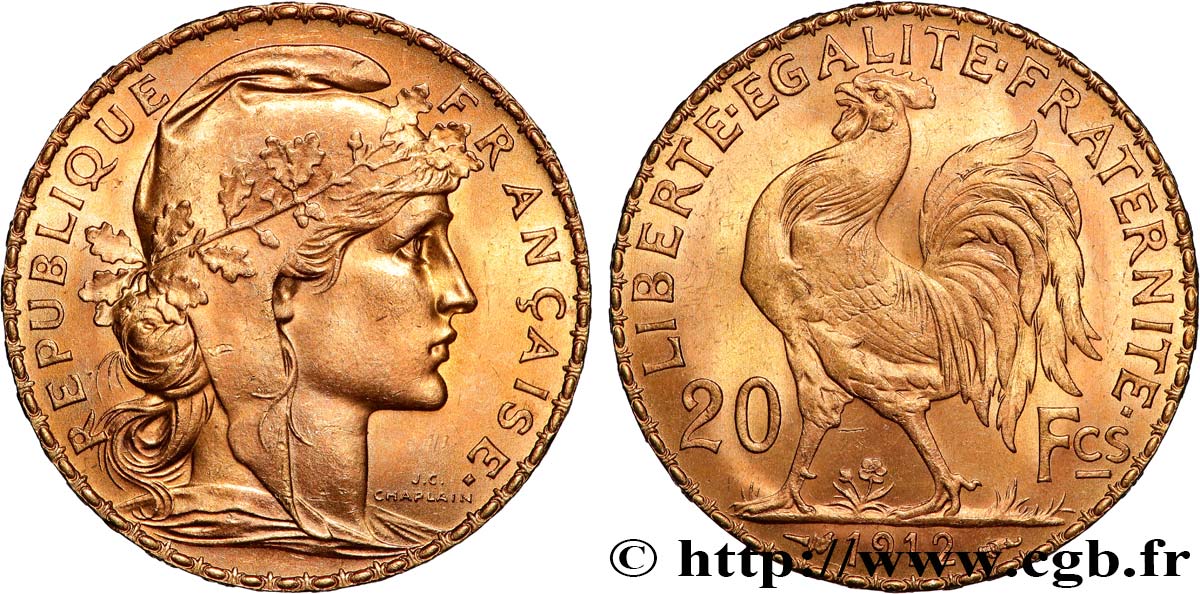 20 francs or Coq, Liberté Égalité Fraternité 1912 Paris F.535/6 SPL 