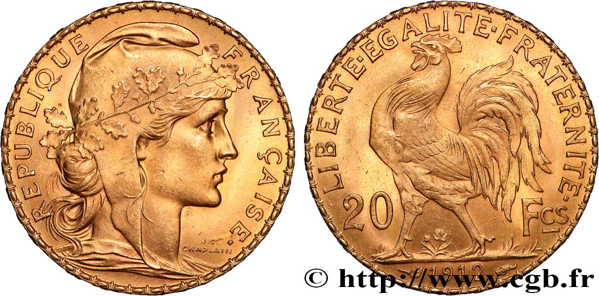 20 francs or Coq, Liberté Égalité Fraternité 1912 Paris F.535/6 SUP+ 