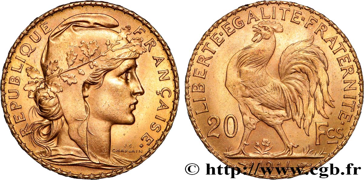 20 francs or Coq, Liberté Égalité Fraternité 1914 Paris F.535/8 SPL+ 