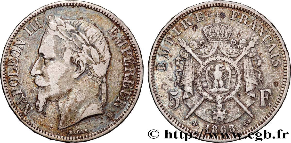5 francs Napoléon III, tête laurée 1868 Strasbourg F.331/13 TB 