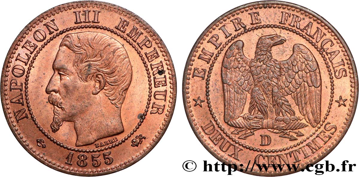 Deux centimes Napoléon III, tête nue 1855 Lyon F.107/27 SUP+ 