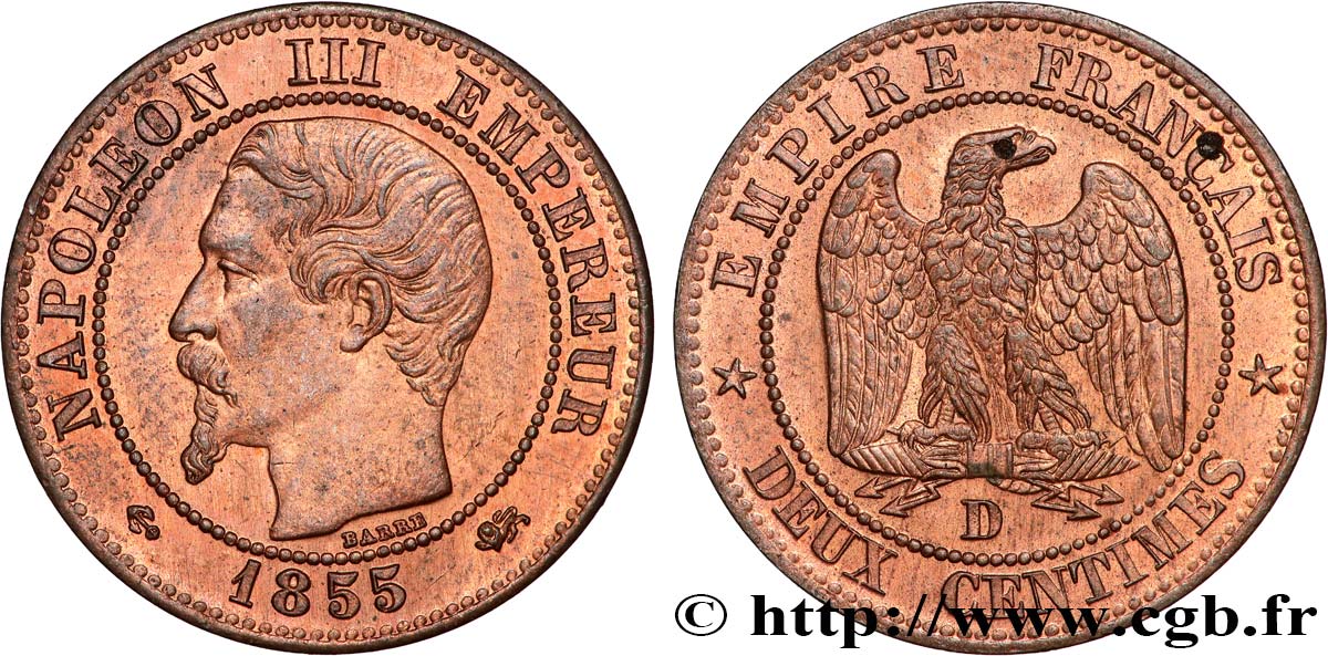Deux centimes Napoléon III, tête nue 1855 Lyon F.107/27 MS 