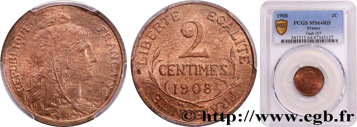 2 centimes Daniel-Dupuis 1908 Paris F.110/11 SPL64 PCGS