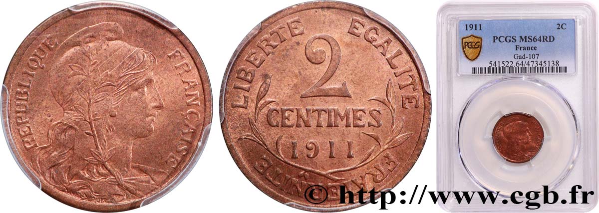 2 centimes Daniel-Dupuis 1911 Paris F.110/14 SPL64 PCGS