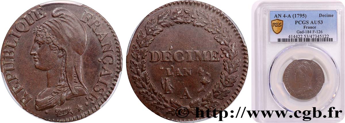 Décime Dupré, petit module 1796 Paris F.126/1 TTB53 PCGS