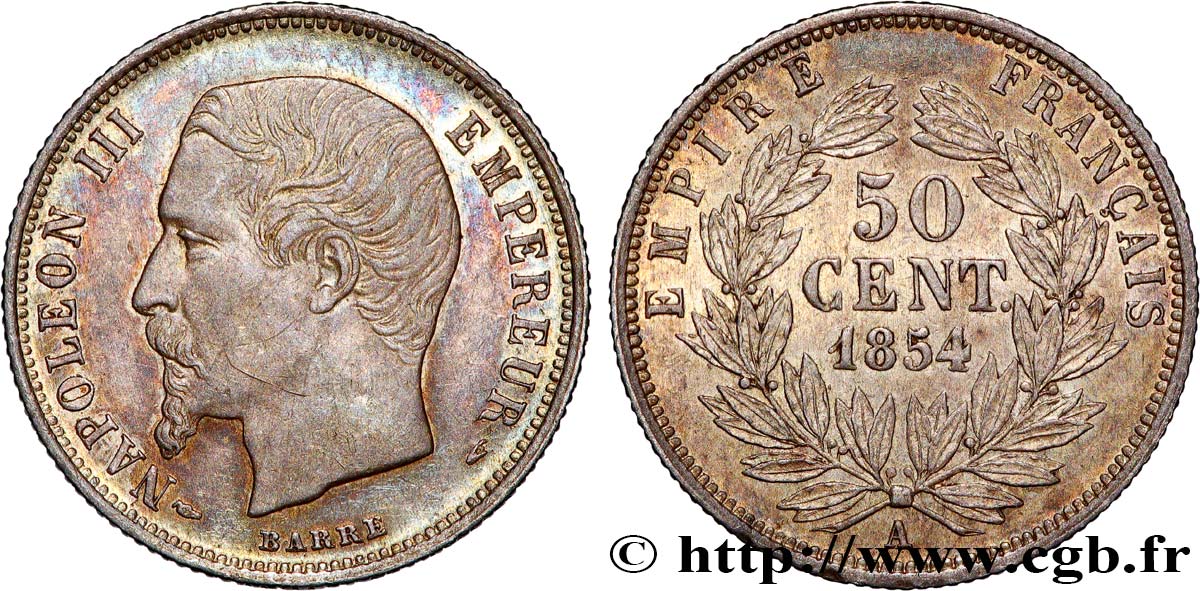 50 centimes Napoléon III, tête nue 1854 Paris F.187/2 VZ55 