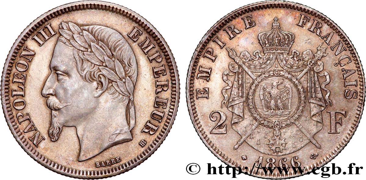 2 francs Napoléon III, tête laurée  1866 Strasbourg F.263/3 AU 