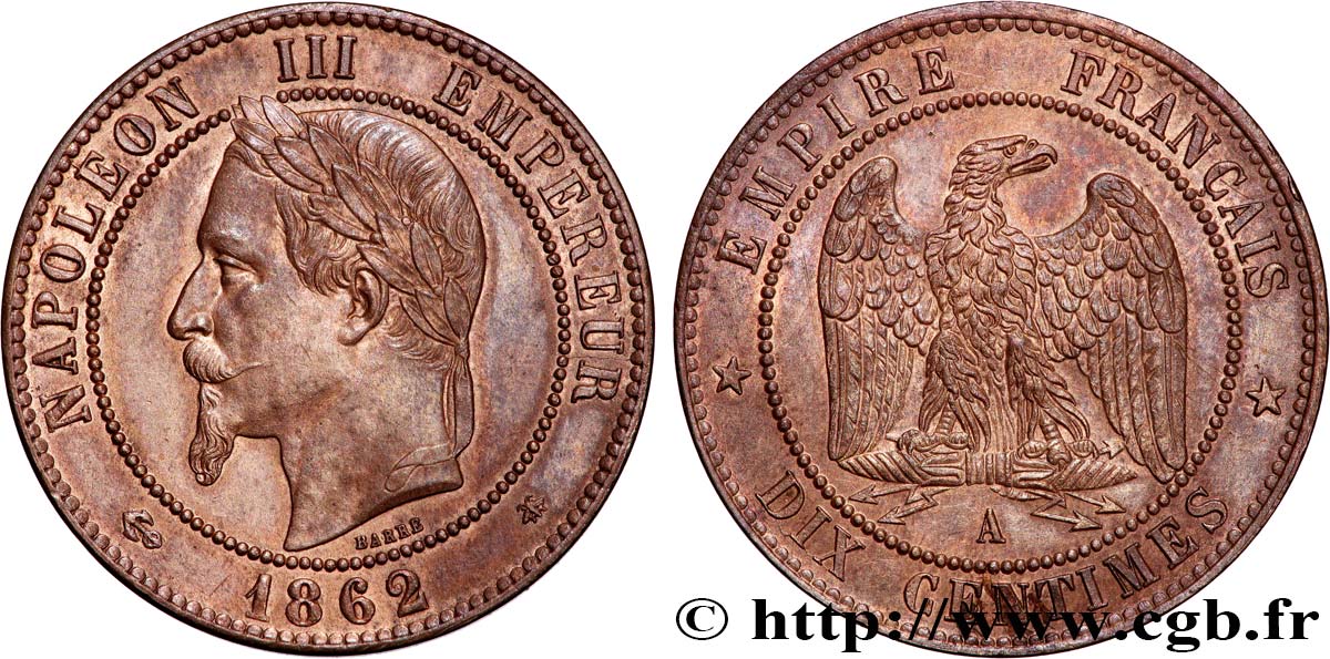 Dix centimes Napoléon III, tête laurée 1862 Paris F.134/7 SUP+ 