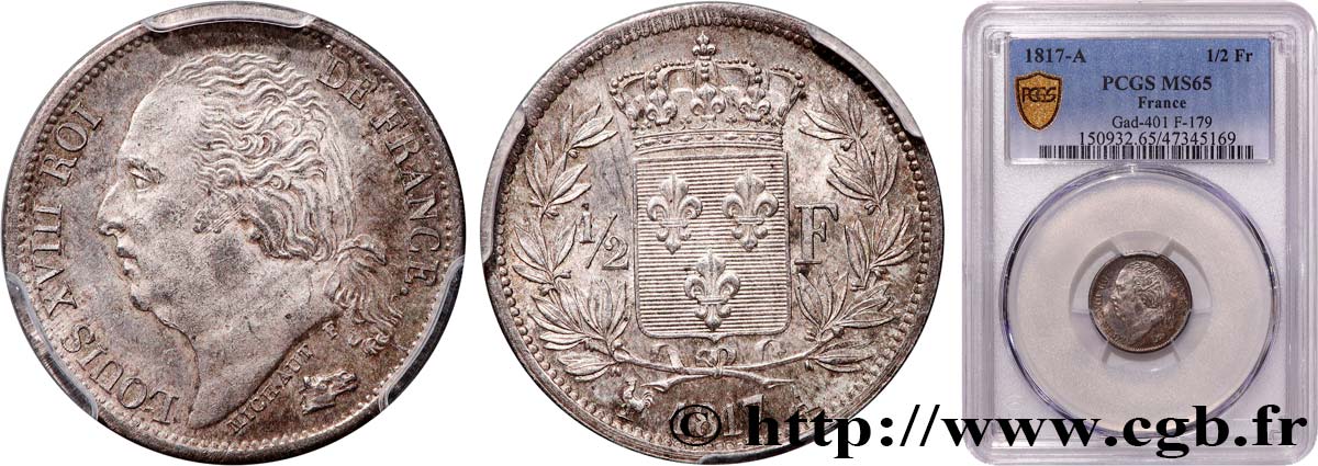 1/2 franc Louis XVIII 1817 Paris F.179/9 MS65 PCGS