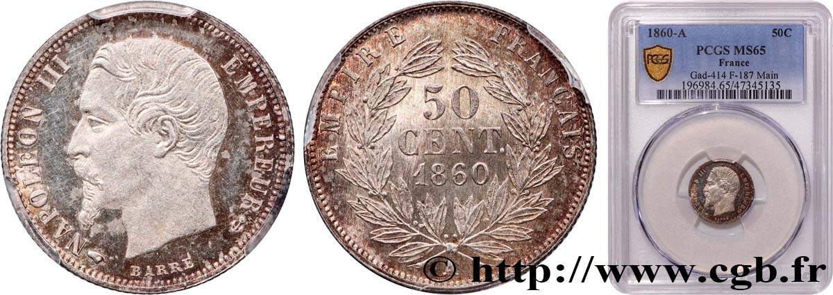 50 centimes Napoléon III, tête nue 1860 Paris F.187/13 MS65 PCGS