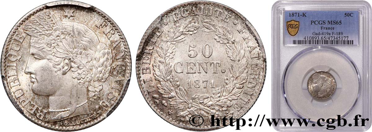 50 centimes Cérès, IIIe République 1871 Bordeaux F.189/2 FDC65 PCGS