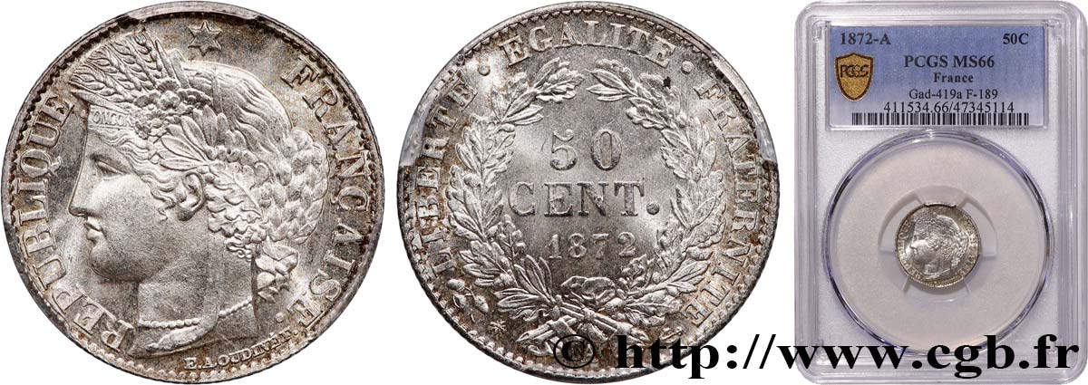 50 centimes Cérès, IIIe République 1872 Paris F.189/3 FDC66 PCGS
