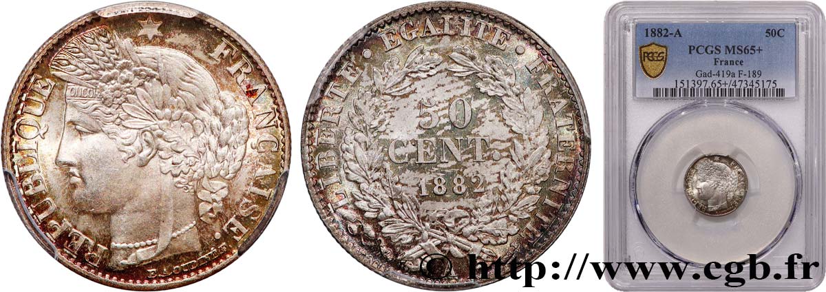 50 centimes Cérès, IIIe République 1882 Paris F.189/10 ST65 PCGS