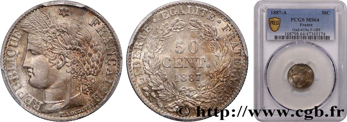 50 centimes Cérès, Troisième République 1887 Paris F.189/12 MS64 PCGS